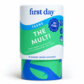 A cylindrical container of First Day Teens The Multi dietary supplement gummies, featuring a white, green, and blue label on a clean white background.
