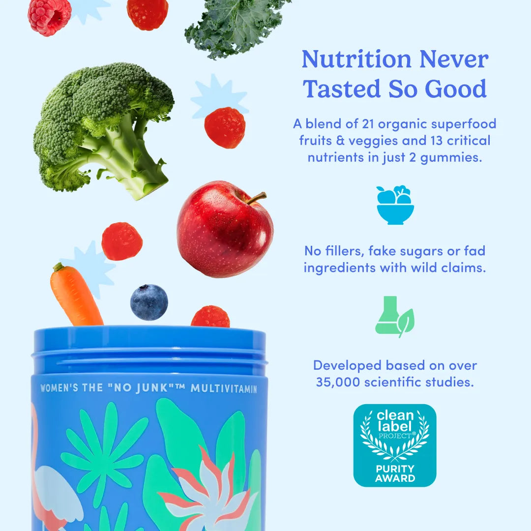 A blue tin of women's multivitamin gummies with colorful tropical leaf illustrations, shown on a light blue background with floating fruits and vegetables including broccoli, red berries, an apple, a carrot, and a blueberry. Text on the ad reads 'Nutrition Never Tasted So Good' and includes a Clean Label award badge.